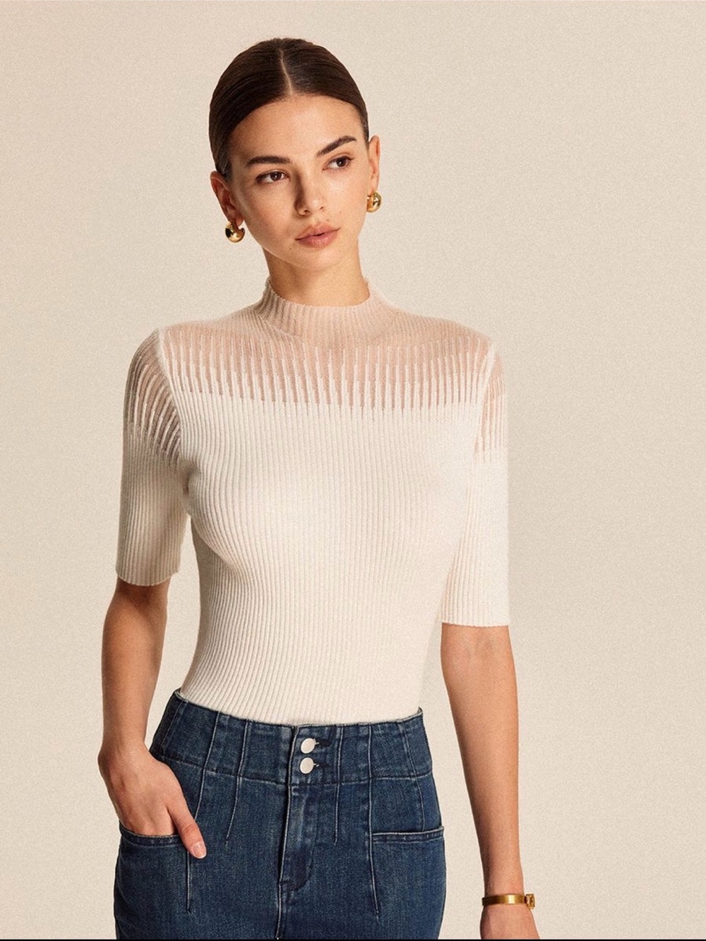 Commense Cream Ribbed Short-Sleeve Mock Neck Top